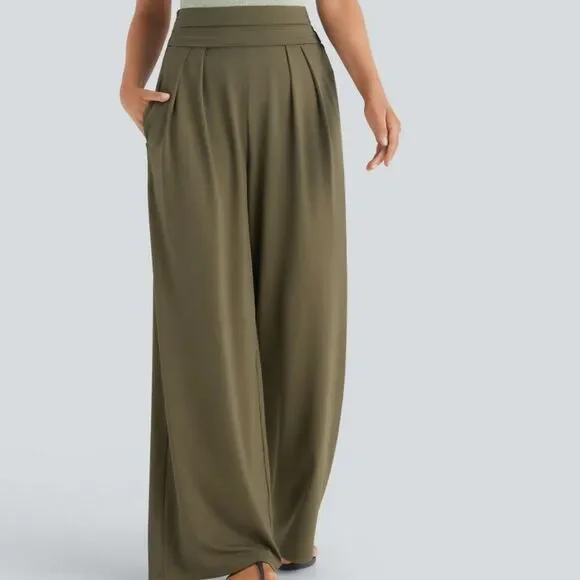 Halara Olive Super High Waist Flowy Wide Leg Pull On Side Pocket Pants Size XS - Picture 1 of 11